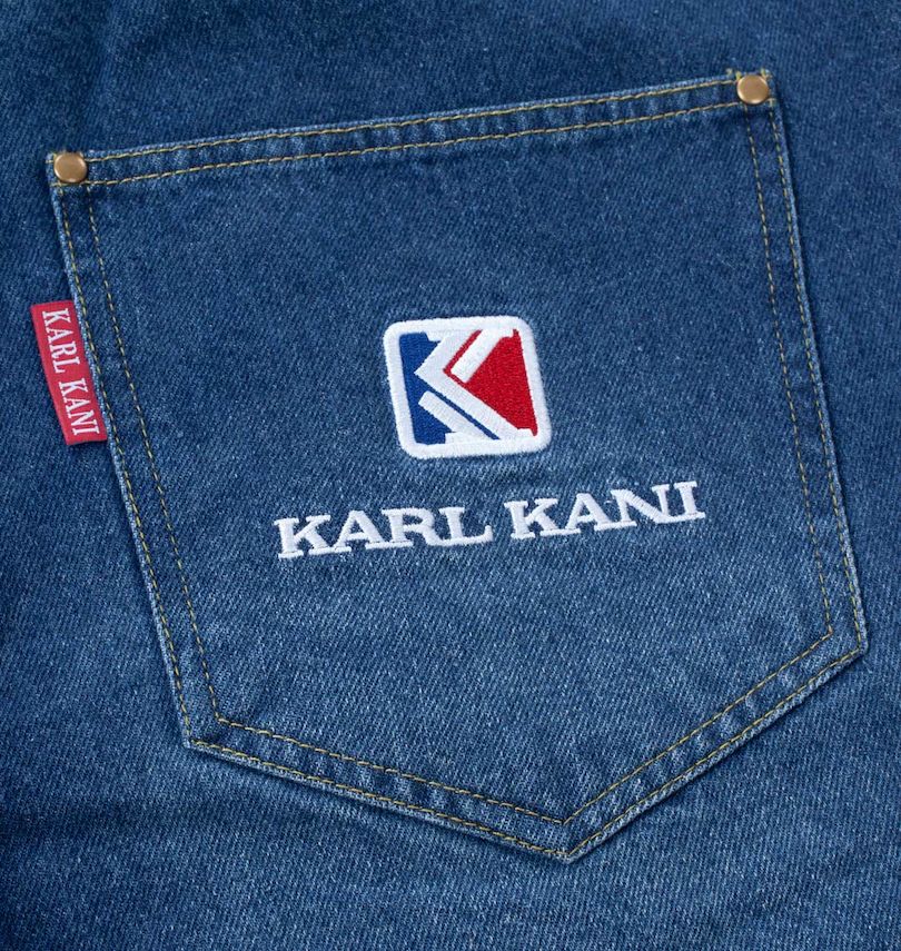 大きいサイズ メンズ KARL KANI (カール カナイ) デニムハーフパンツ バックポケット・刺繍