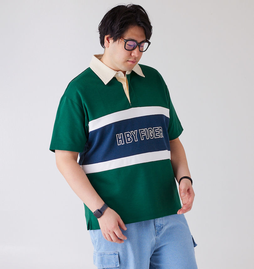 大きいサイズ メンズ H by FIGER (エイチバイフィガー) 天竺切替半袖ラガーシャツ 