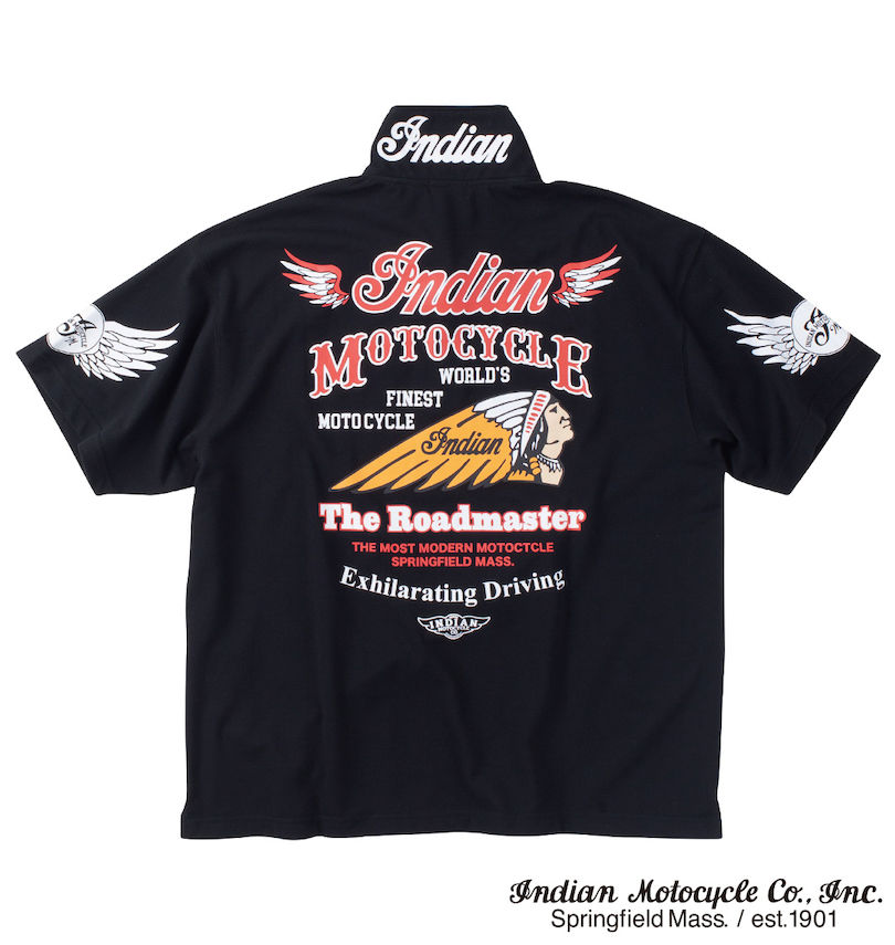 大きいサイズ メンズ INDIAN MOTOCYCLE (インディアンモトサイクル) 鹿の子プリント&刺繍半袖ポロシャツ バックスタイル