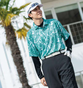 大きいサイズ メンズ FILA GOLF (フィラゴルフ) フリージングスキンボタニカルプリントホリゾンタルカラー半袖シャツ