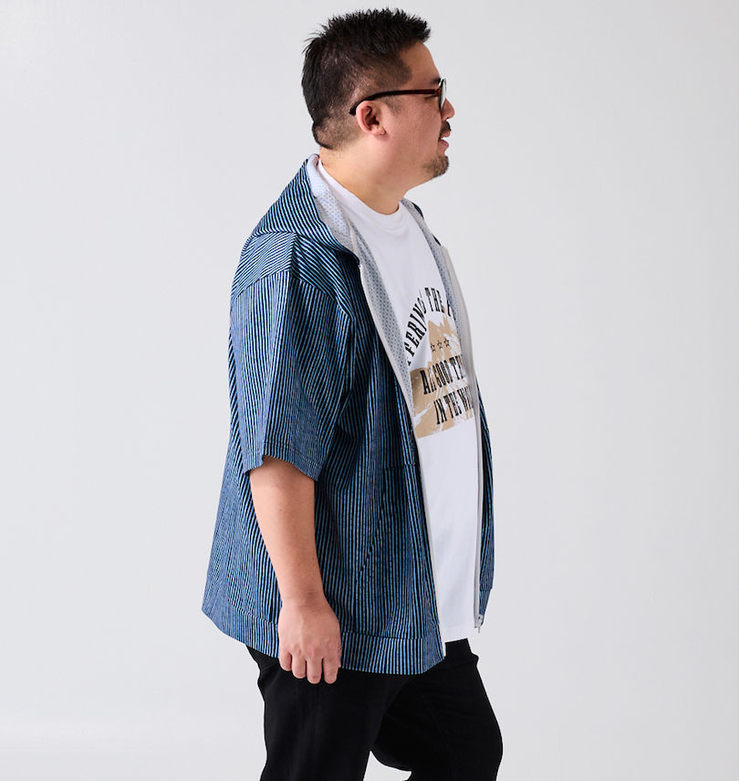 大きいサイズ メンズ COLLINS (コリンズ) メッシュヒッコリー風プリント半袖フルジップパーカー+半袖Tシャツ
                        