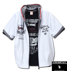 大きいサイズ メンズ b-one-soul (ビーワンソウル) バイカー柄半袖パーカー+半袖Tシャツ